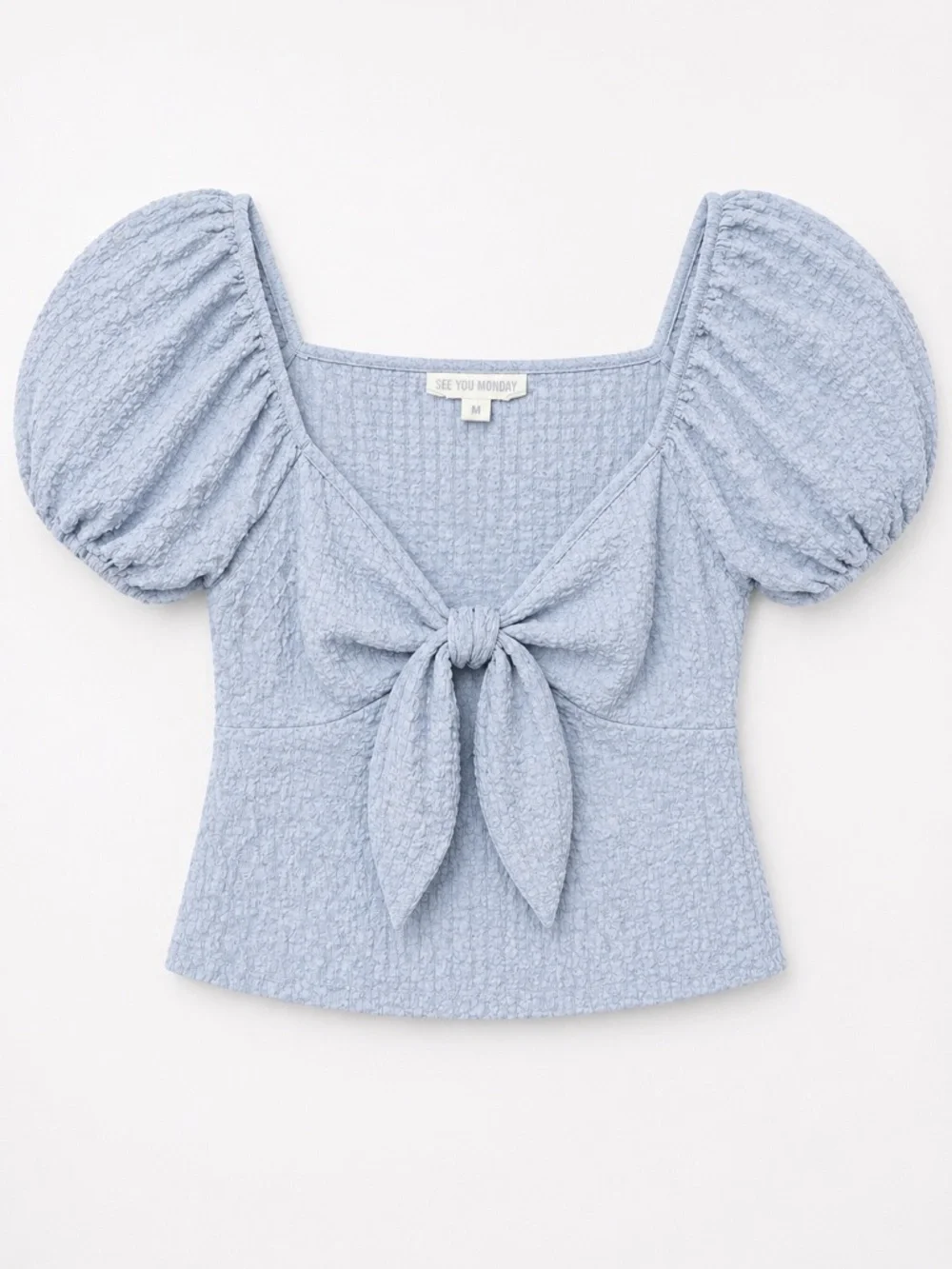 See You Monday Powder Blue Puff-Sleeve Tie-Front Crop Top (226) - Picture 1 of 6